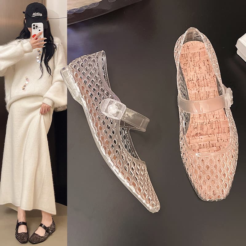 Sandálias ocas francesas femininas verão novo estilo moda fivela plana cinta respirável plana dedo do pé quadrado sapato