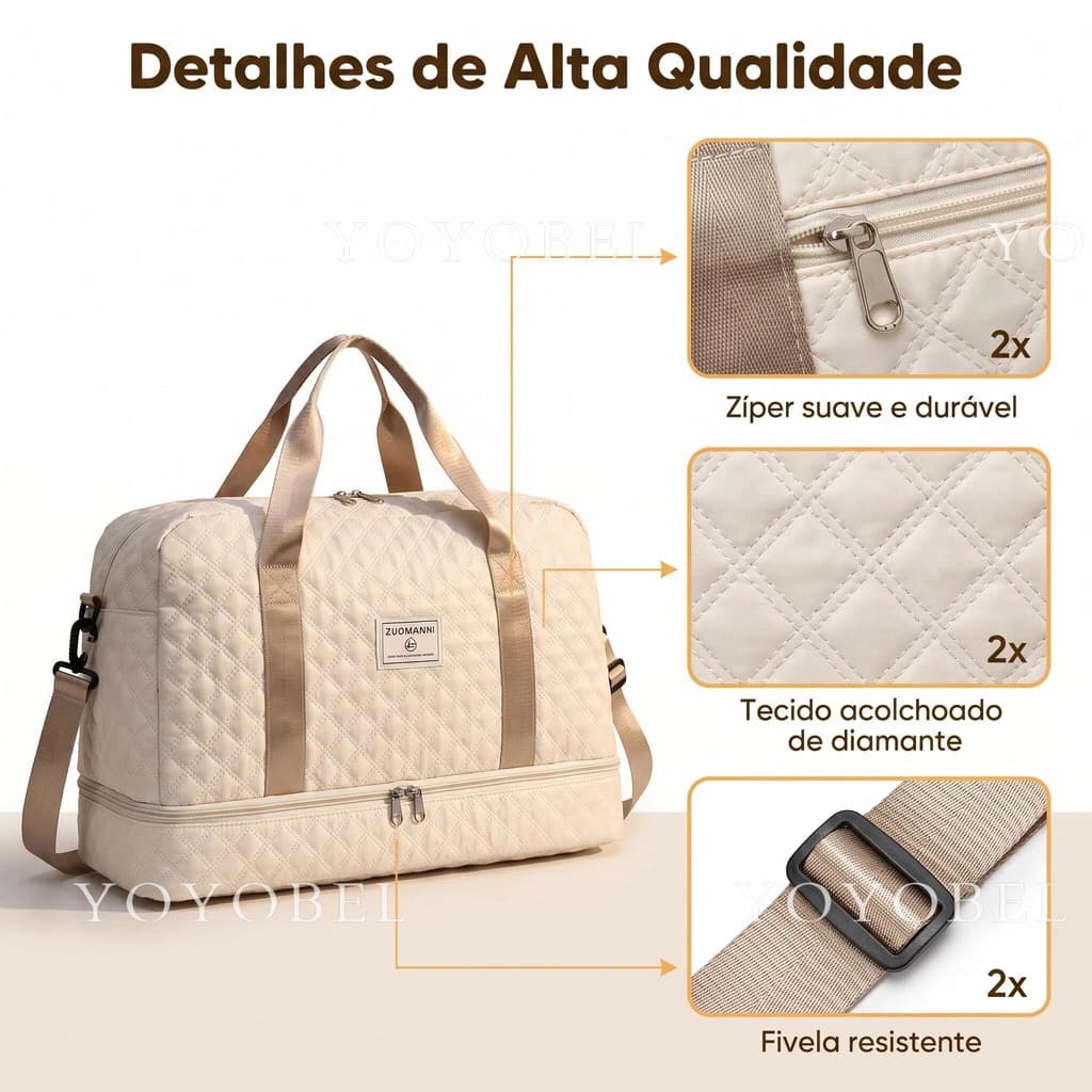 Bolsa Mala de Viagem Feminina Matelassê Grande Com Alça Transversal e Compartimento Inferior matmig