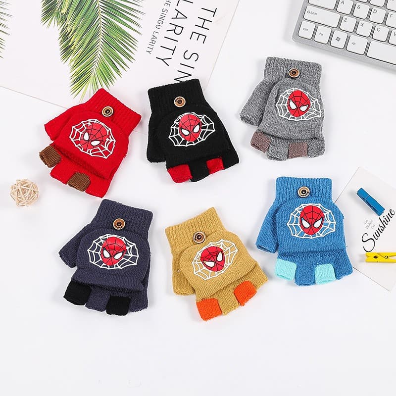 Luvas de Outono e Inverno do Homem-Aranha para Crianças, Luvas de Malha Quentes de Meio Dedo para Escrita de Estudantes,