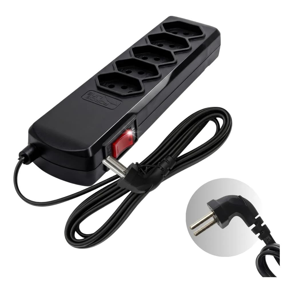 Régua Eletrica 5 Tomadas Tecnologia Dps Protetor De Surto Pluq 90° Preto