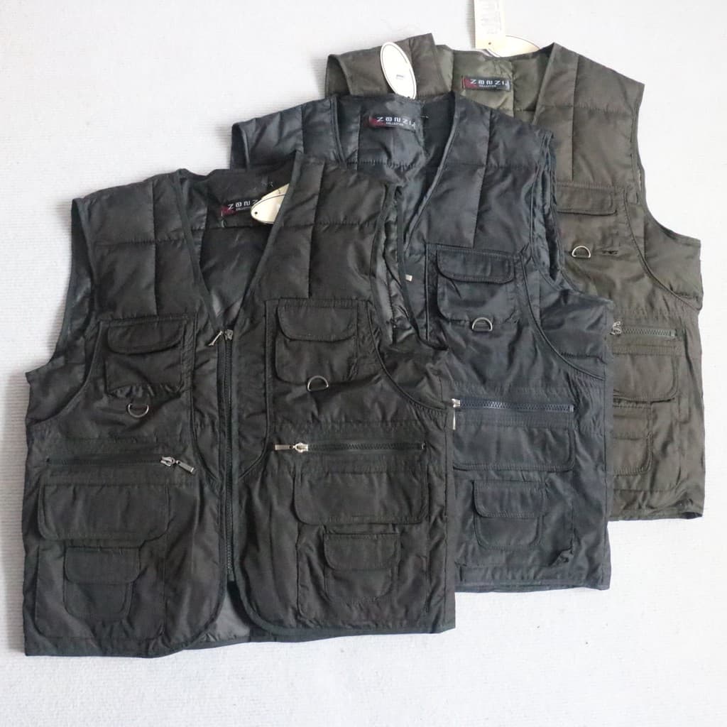Corte etiqueta masculino acolchoado multi-bolso carga colete ao ar livre multi-bolso colete de pesca com zíper colete ja