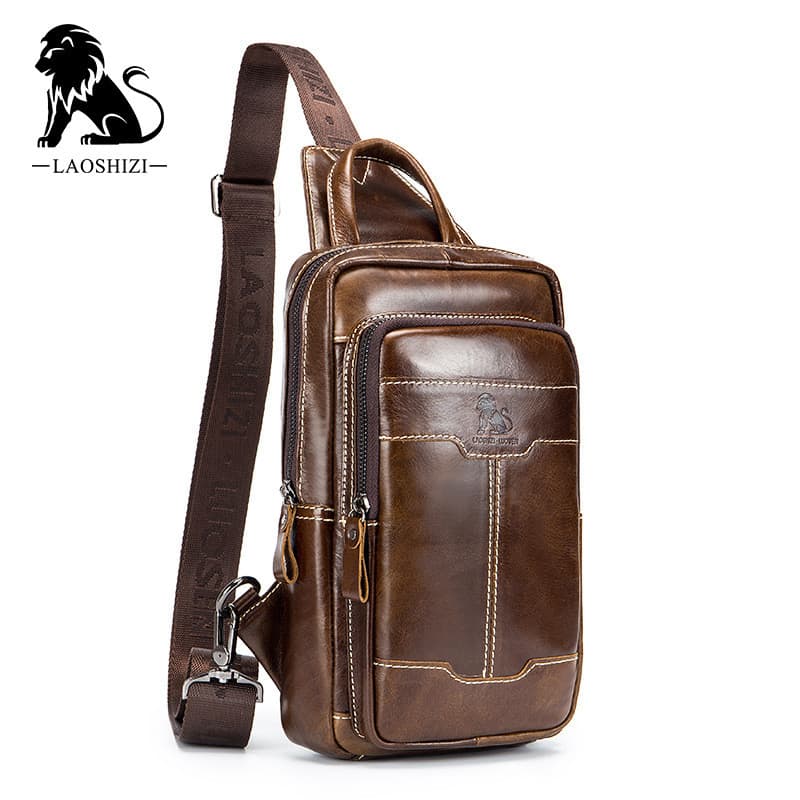 Bolsa de peito de couro de vaca masculina primeira camada Retro cera de óleo couro moda masculina saco de peito de um om