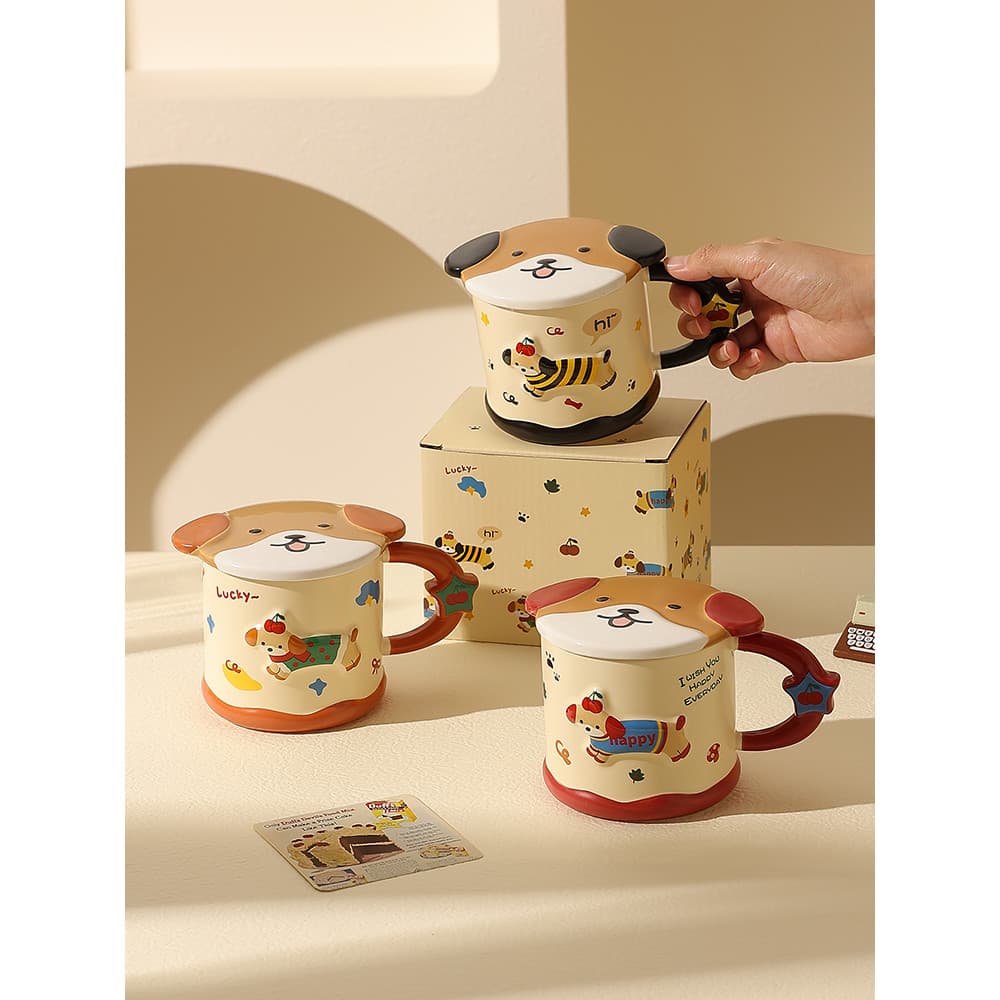 Copo de cerâmica para cachorro em relevo, caneca com tampa, escritório, bonito, criativo, copo de água, menina, copo de