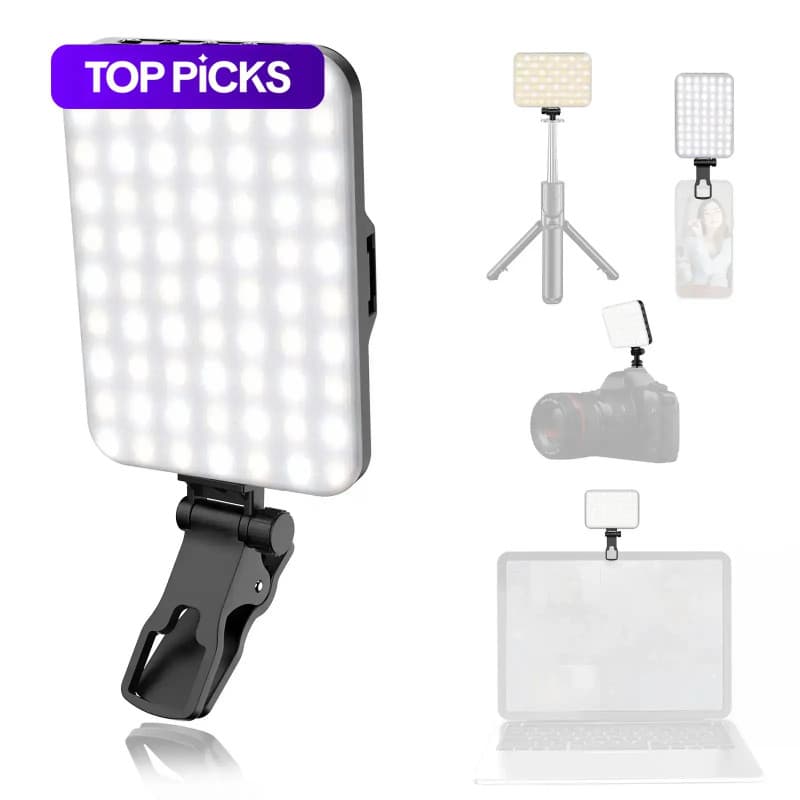 Luz de Selfie Portátil com Clipe Frontal e Traseiro, 2.200 mAh Recarregável, Luz de Preenchimento LED com 7 Modos para S