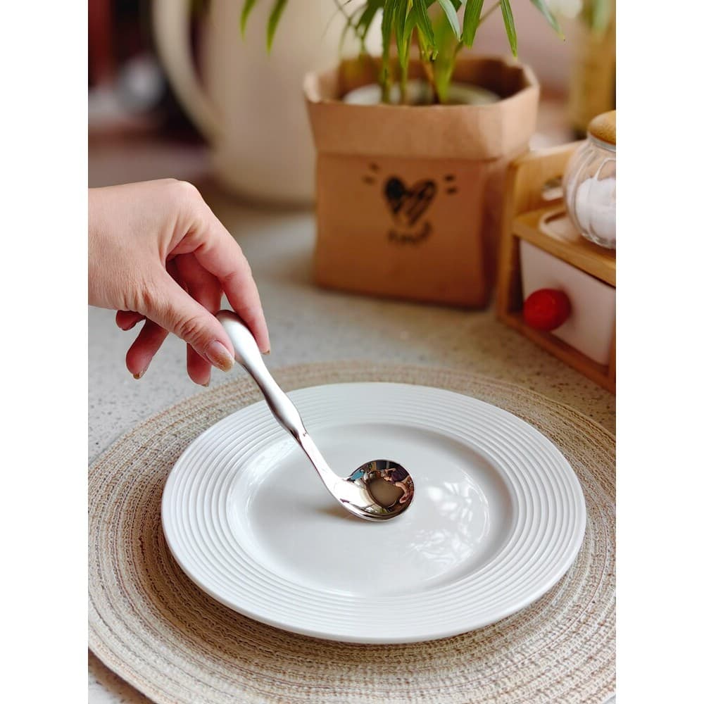 Colher de aço inoxidável para prática de bebê, 18-10, cabeça torta, colher para comer, cabo oco, colher de sopa