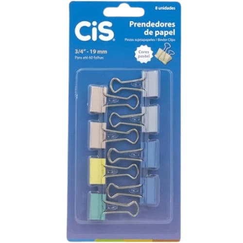Binder Clips Prendedores de Papel CIS 19mm Tons Pastéis com 8 Unidades