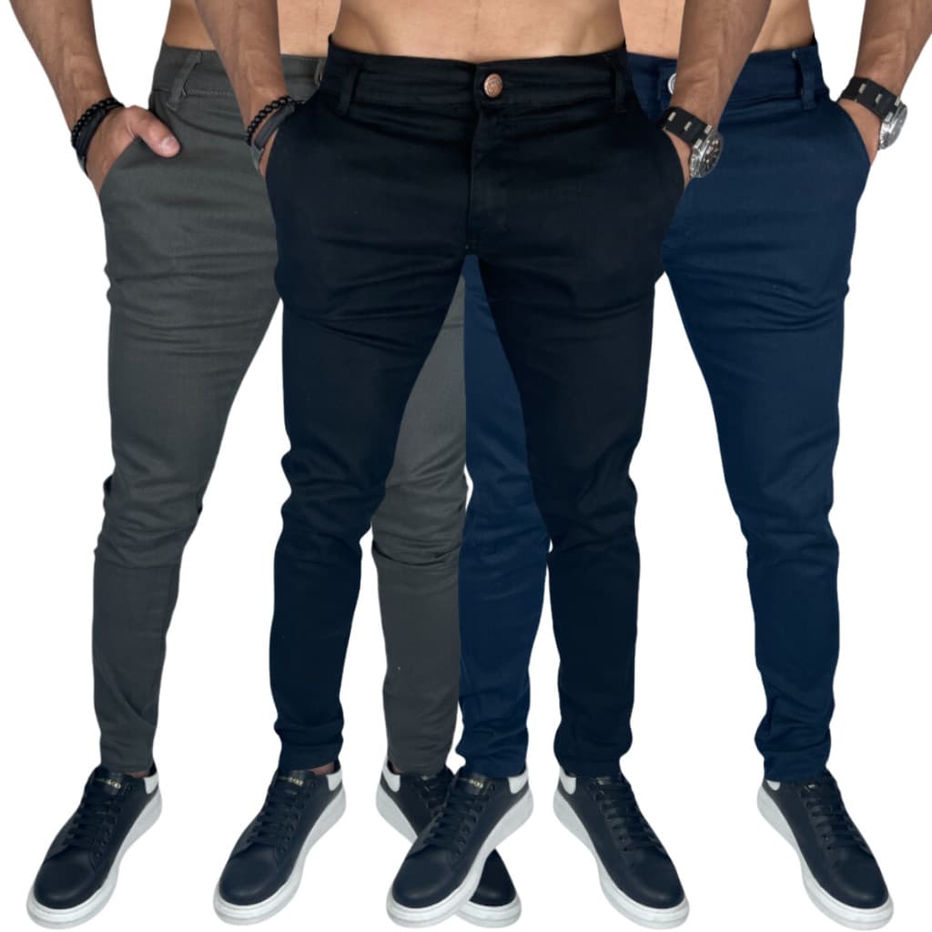 Kit 3 Calça Masculina Sarja Colorida Bolso Embutido Moda Casual Para Eventos