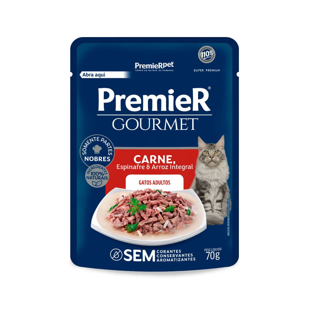 Ração Úmida Sachê Premier Gourmet Gato Adulto Carne, Espinafre e Arroz Integral - 70g