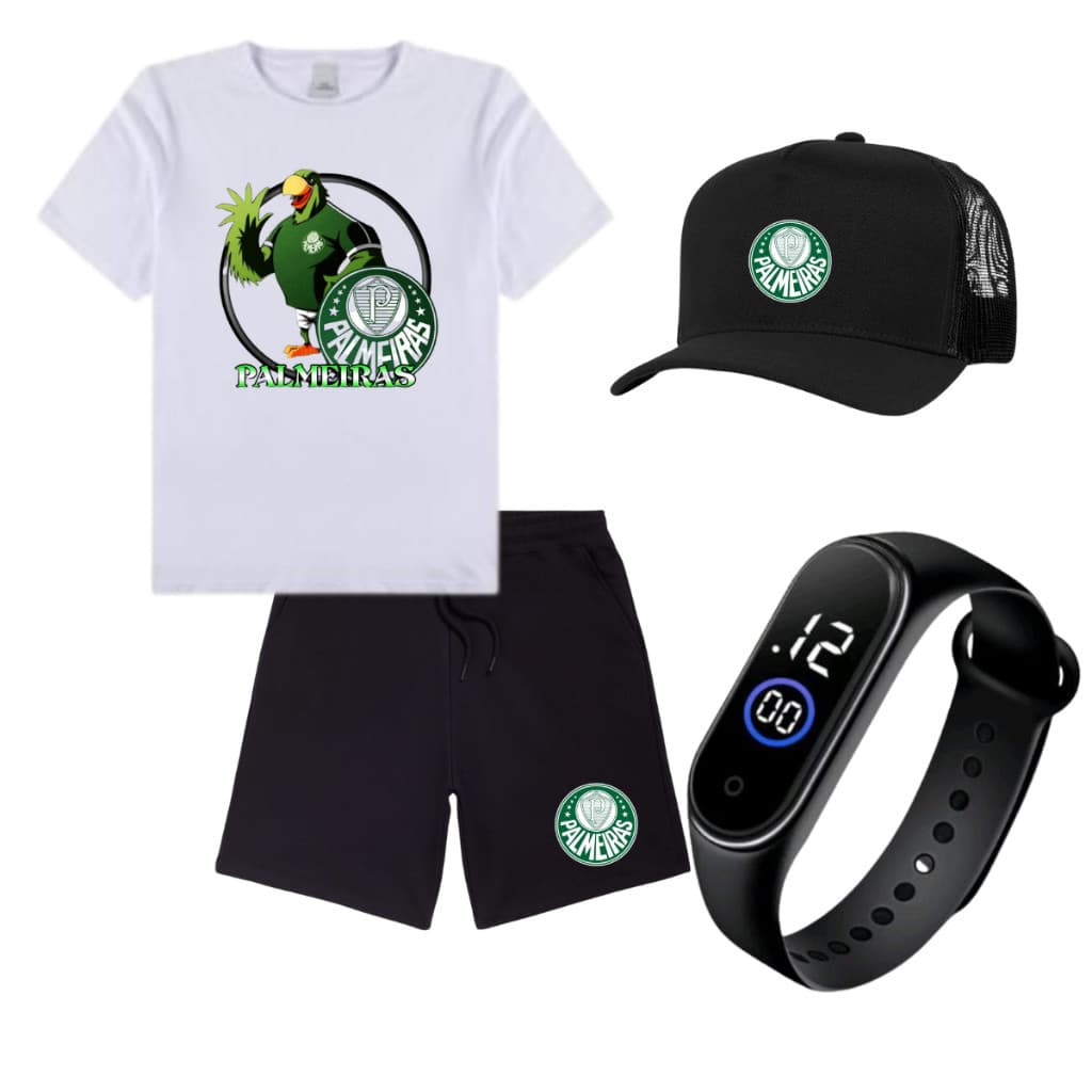 Kit infantil camiseta bermuda relogio bone personalizado para seu pequeno 4 ao 16