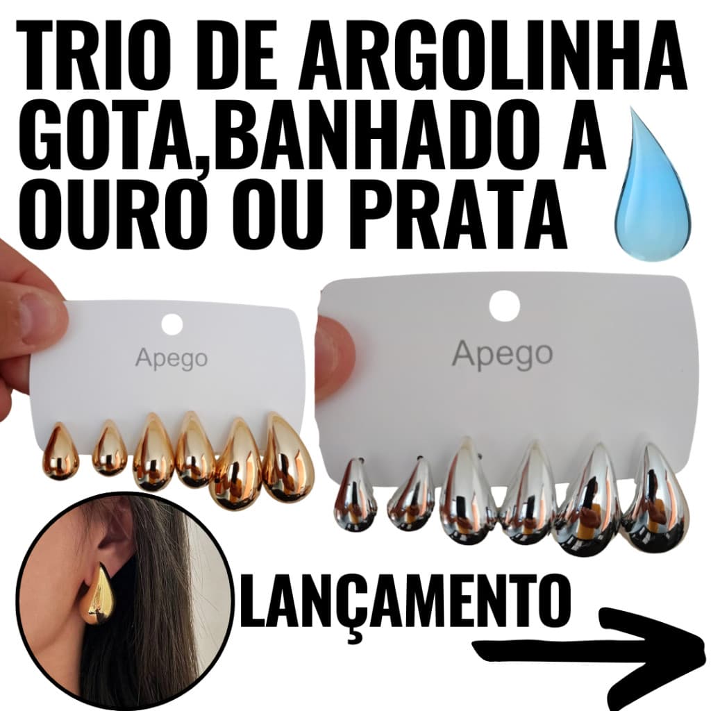 Kit Com 3 Brincos Gota D'Agua Virgula Elegante Dourado Ou Prata Folheado Moda Blogueira