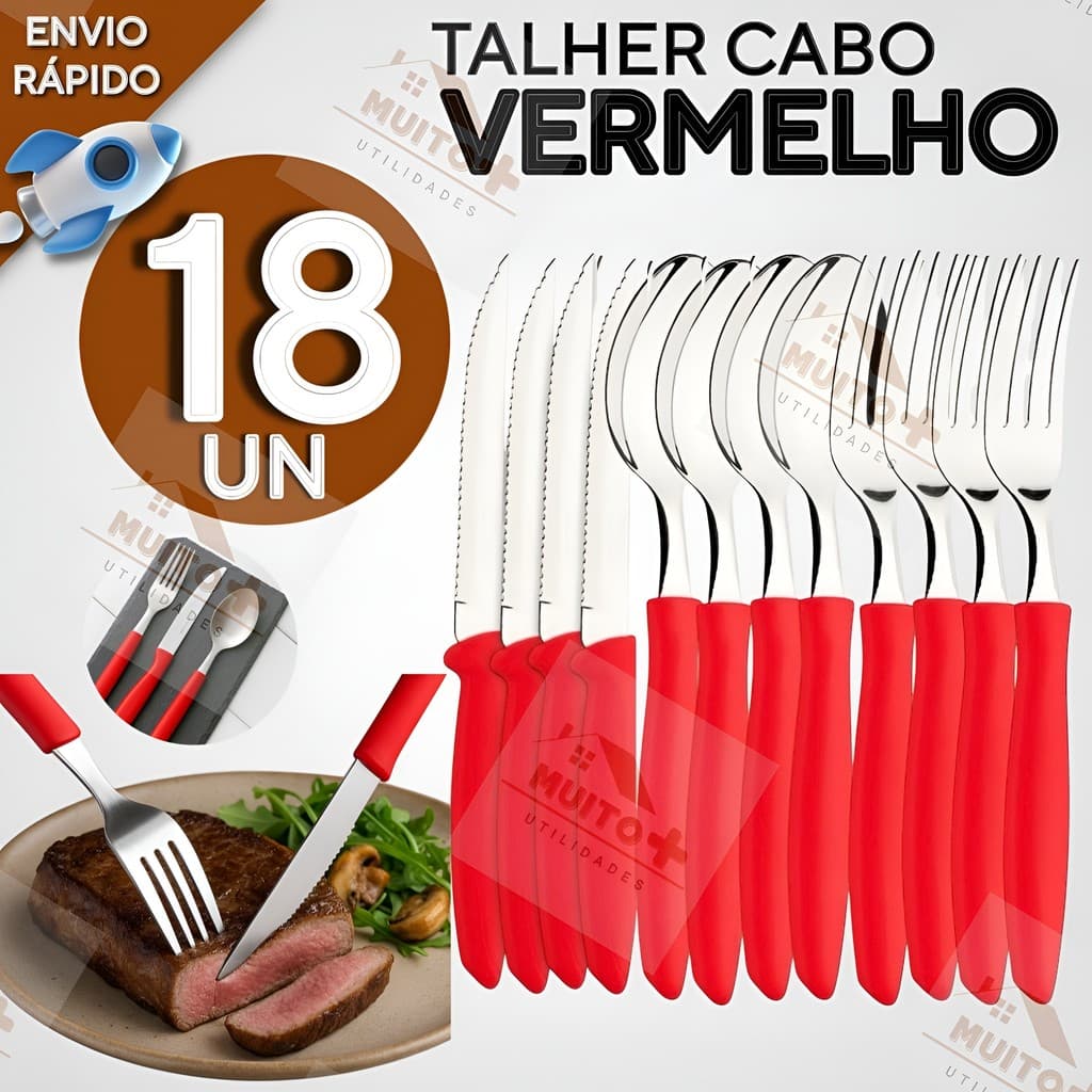 Jogo de Talheres Faqueiro Aço Inox 18 peças Prático Jogo de Talher Cabo Vermelho