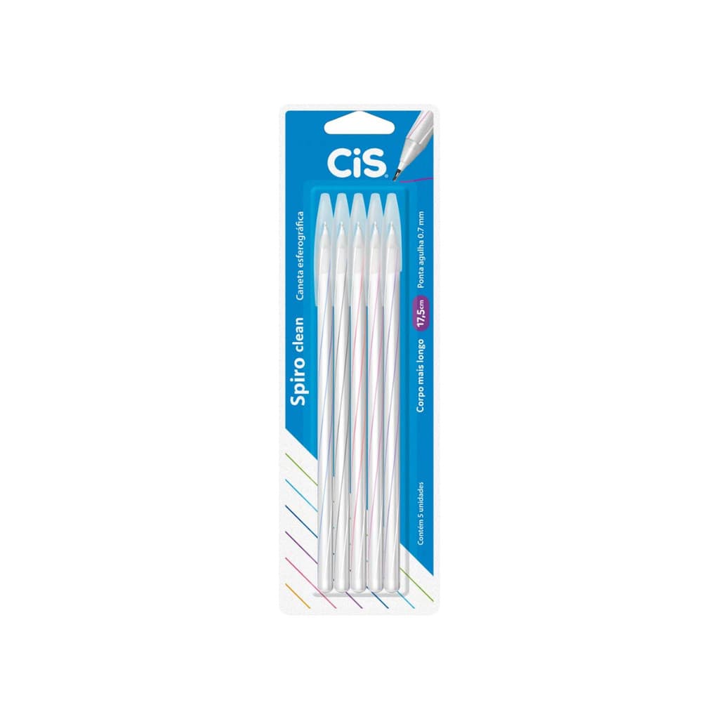 CANETA ESFEROGRÁFICA SPIRO CLEAN 0.7MM BLISTER 5 CORES CIS