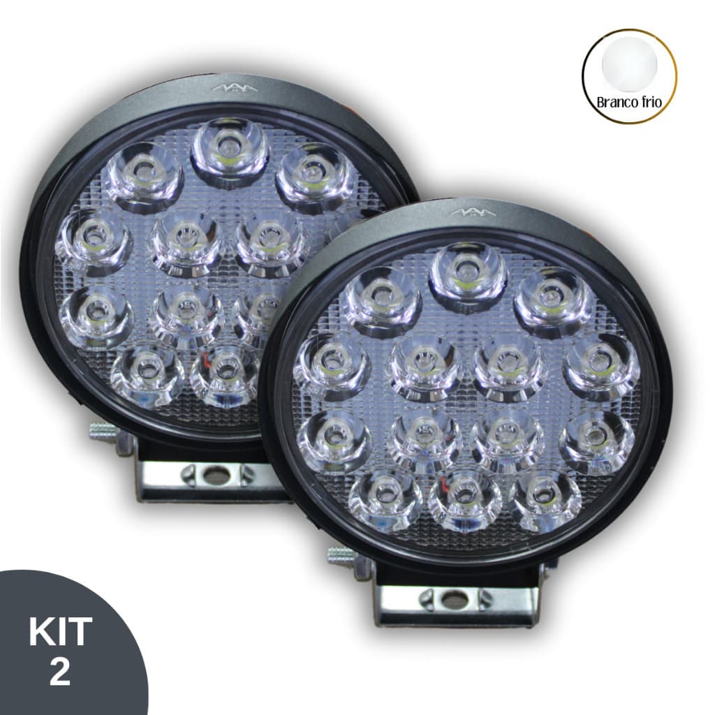 Kit 2 Farol de Milha Auxiliar 42w Redondo 14 LEDS Branco Frio Off Road Trator Veículo Automóveis