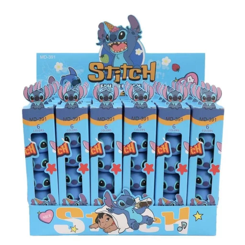 Caneta Mini Marca Texto Fofo Formado Stitch Azul Com 6 Cores dioro