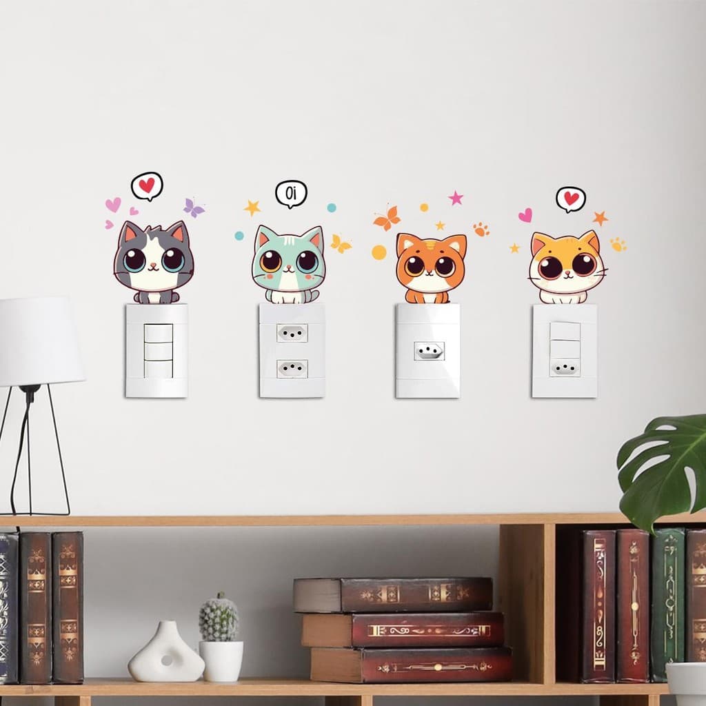 Adesivo Tomada 01 Gatos Kawaii Coloridos Kit 4 Interruptor