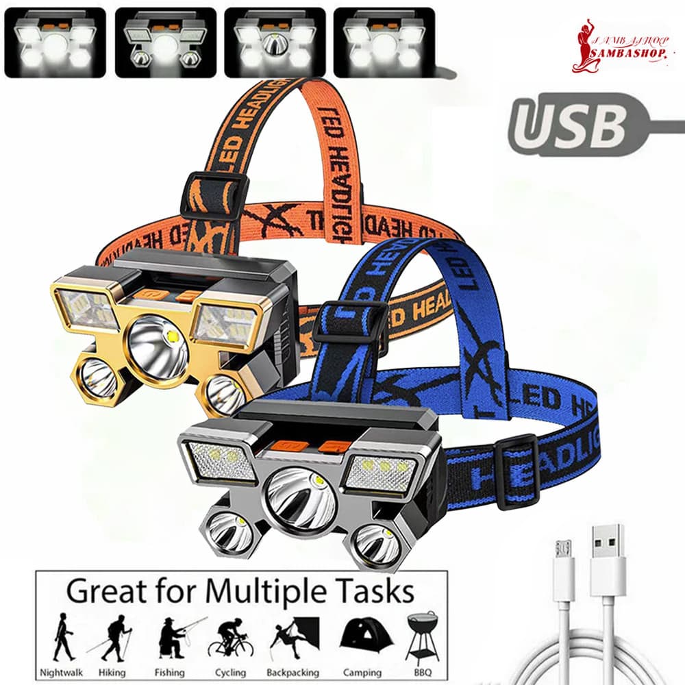 Lanterna de Cabeça USB Recarregável à Prova D'Água 5 LED Super Brilhante, 4 Modos