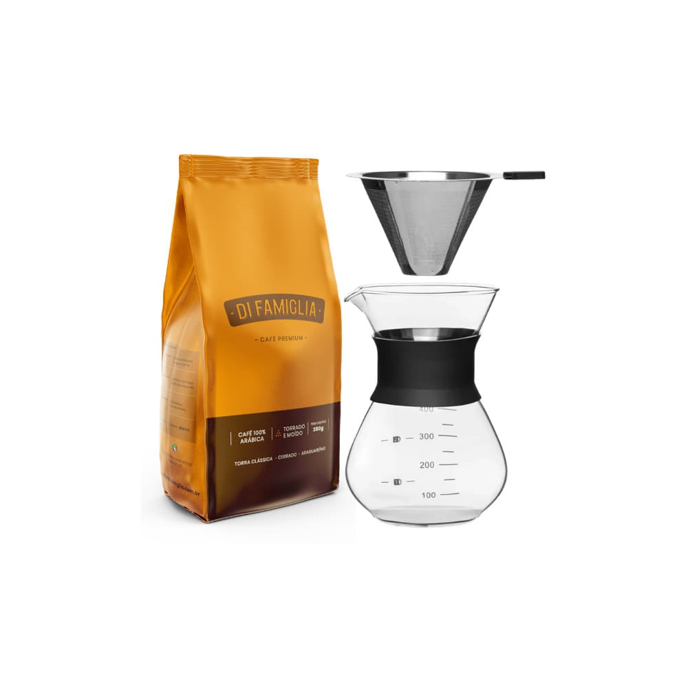 Passador de Café com Filtro de Aço Inox e Café Di Famiglia Moído - 250g