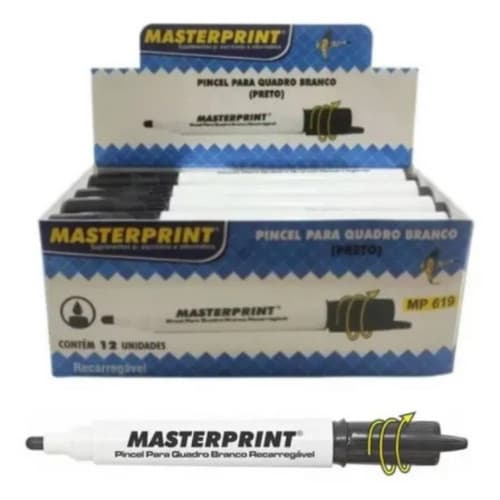 Pincel para Quadro Branco Preto MP619 Caixa com 12 Unidades Recarregável Masterprint