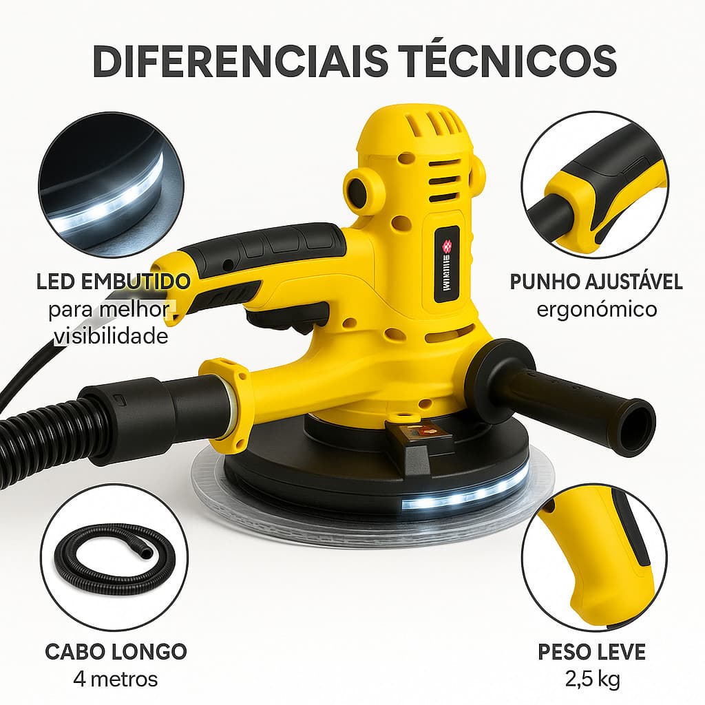 Lixadeira de Parede 1300W com LED e Coletor de Poeira Drywall Gesso Sucção de Poeira Profissional
