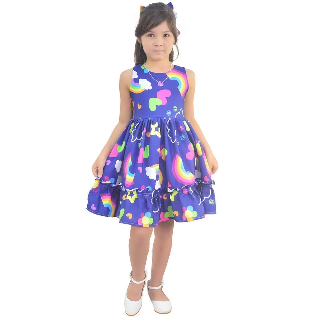 Vestido Infantil Arco-íris E Nuvens Casual Elegante