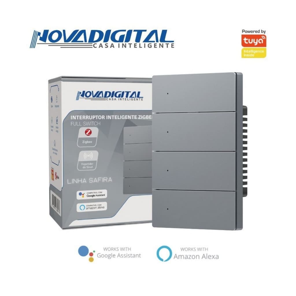 Interruptor Inteligente 4 Botões Físico Zigbee Safira Nova Digital Full Switch Cinza - 4x2