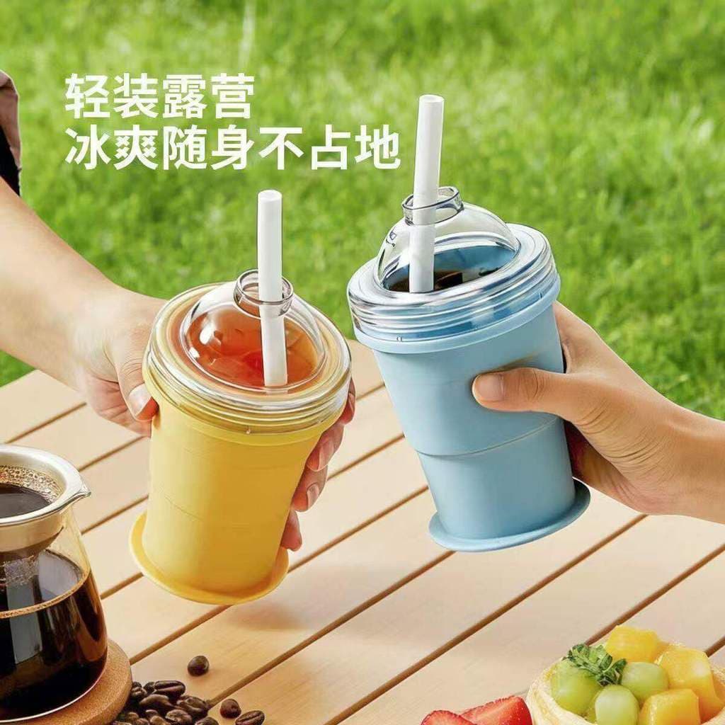 Copo de bola de gelo dobrável portátil com palha doméstico Silicone grau alimentício molde de bola de gelo verão novo es