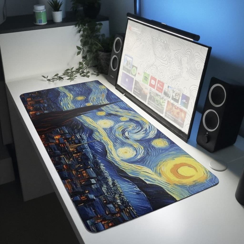 Mousepad Noite Estrelada Van Gogh Arte Pintura 80x30 Grande Antiderrapante Escritório Mouse Pad Grande RGB