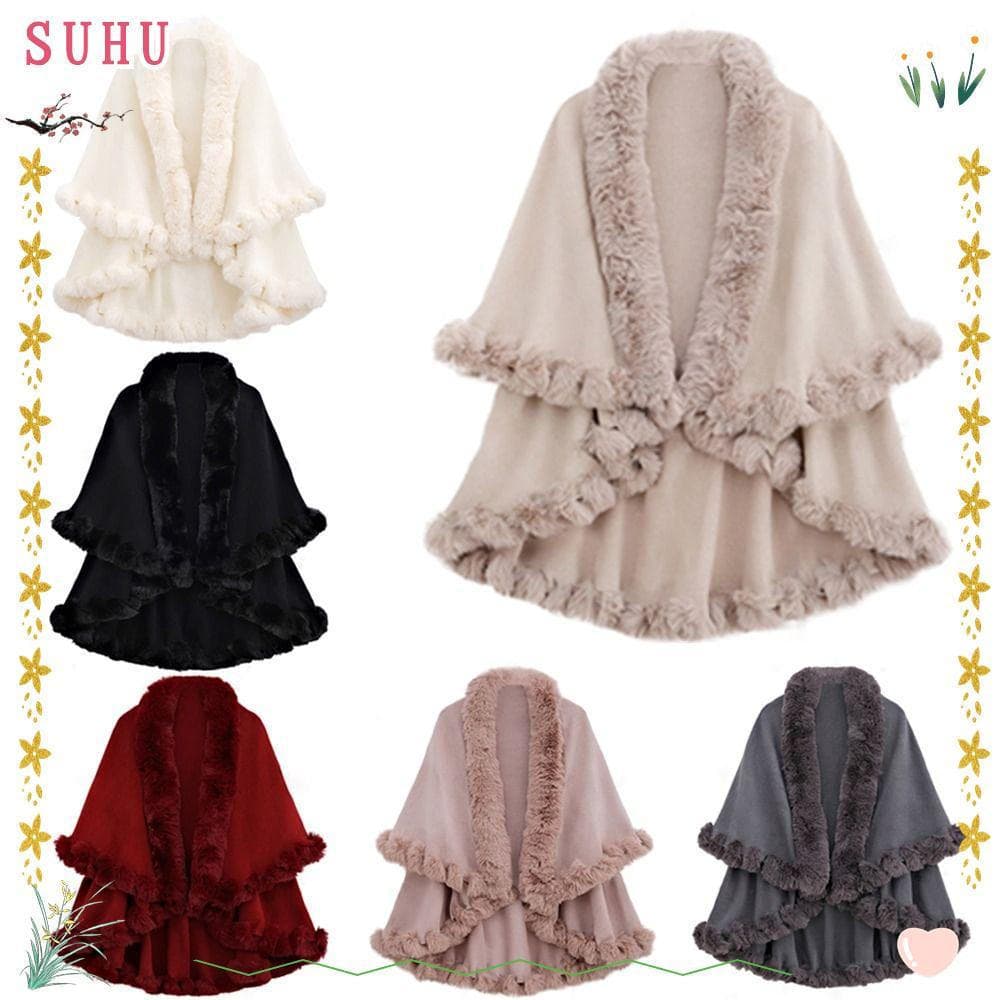 SUHU Envoltórios Femininos De Inverno , Poncho Solto E Grosso Quente , Moda Longa Pele De Coelho Falsa Xale
