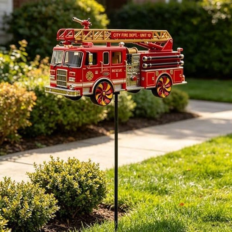 Girador De Vento De Jardim De Caminhão De Bombeiros , Trator Decorativo Para Arte Ao Ar Livre , Moinho Vermelho Defeiçõe