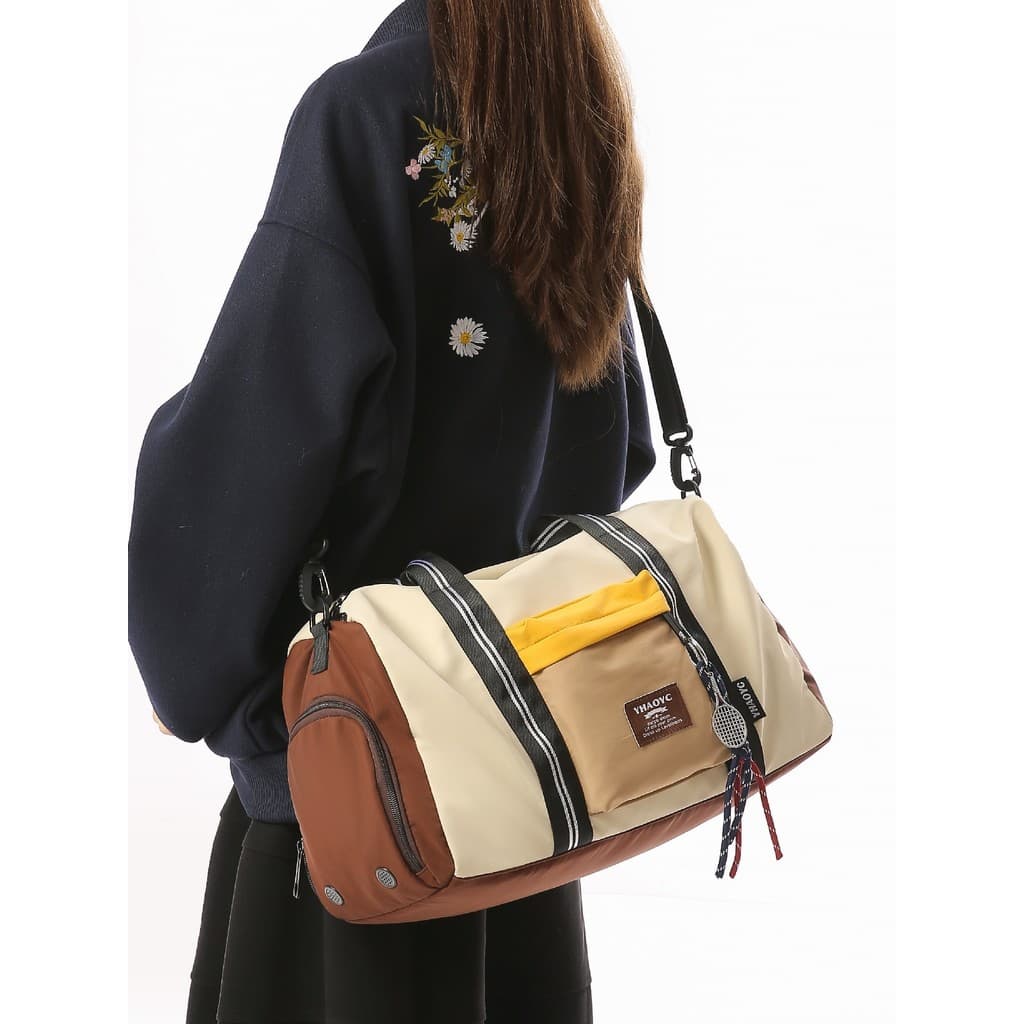 Retro contraste cor cilíndrico saco do mensageiro feminino portátil de viagem seco molhado separação ginásio saco d