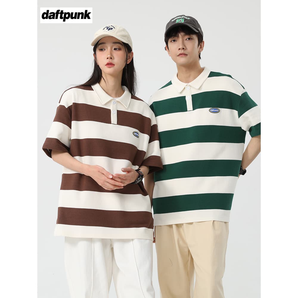 Pesado 250g japonês listrado camisa POLO manga curta das mulheres dos homens verão respirável solto Casual lapela camisa