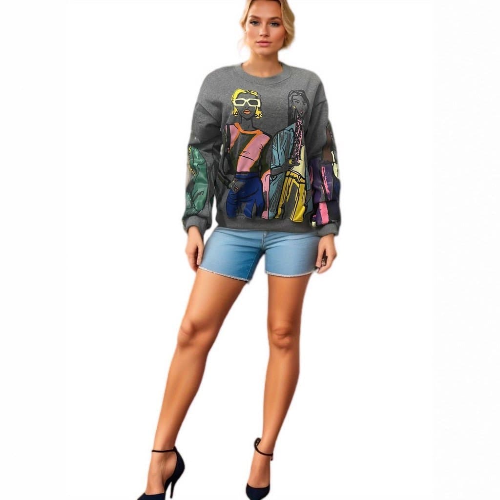 Moletom feminino de outono e inverno, forrado com fleece, sem capuz, gola redonda, corte solto, com estampa.
