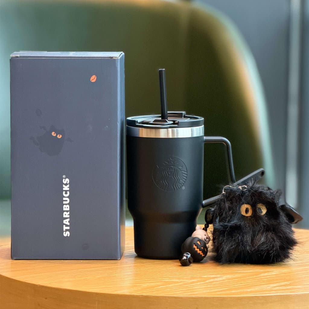 Copo Starbucks 2025 Noite Escura Preto Halloween Nórdico Simples Canudo de Grande Capacidade Copo de Aço Inoxidável para