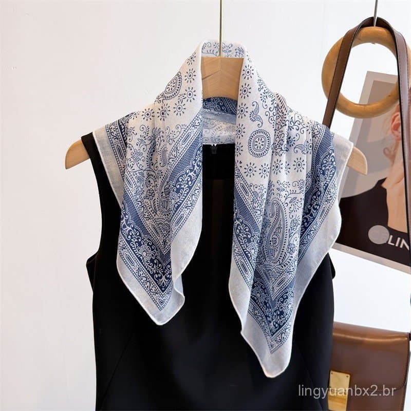Lenço artístico de seda para mulheres, com estampa de porcelana azul e branca e padrão paisley de primavera, elegante em