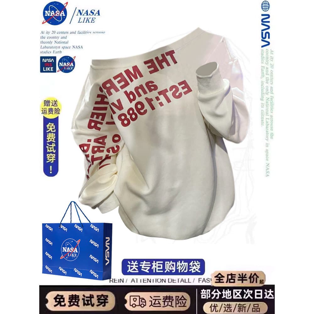 NASA Americano Retro Preguiçoso Ombro Inclinado Carta Design Moletom de Manga Comprida Feminino Solto ins Outono Off-the