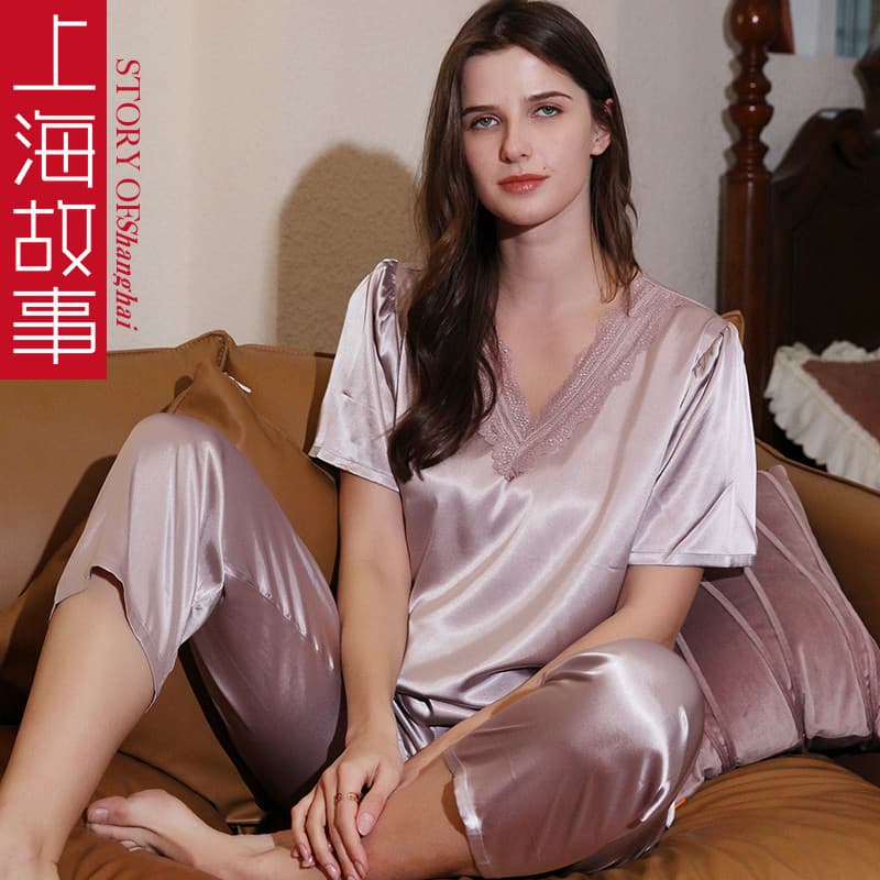 Shanghai Story pijamas de seda gelo feminino verão manga curta primavera outono estilo Loungewear fino terno de duas peç