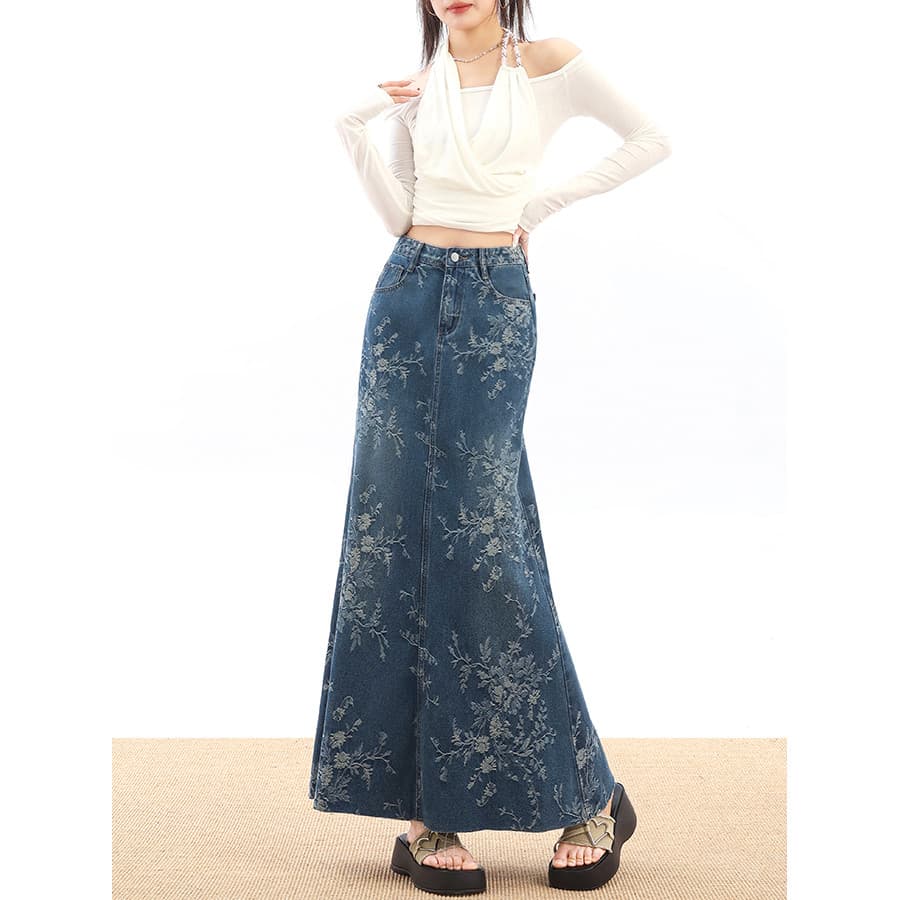 Design Jacquard Fishtail saia feminina de comprimento médio saia jeans 2026 verão estilo ocidental mais magro olhar saia