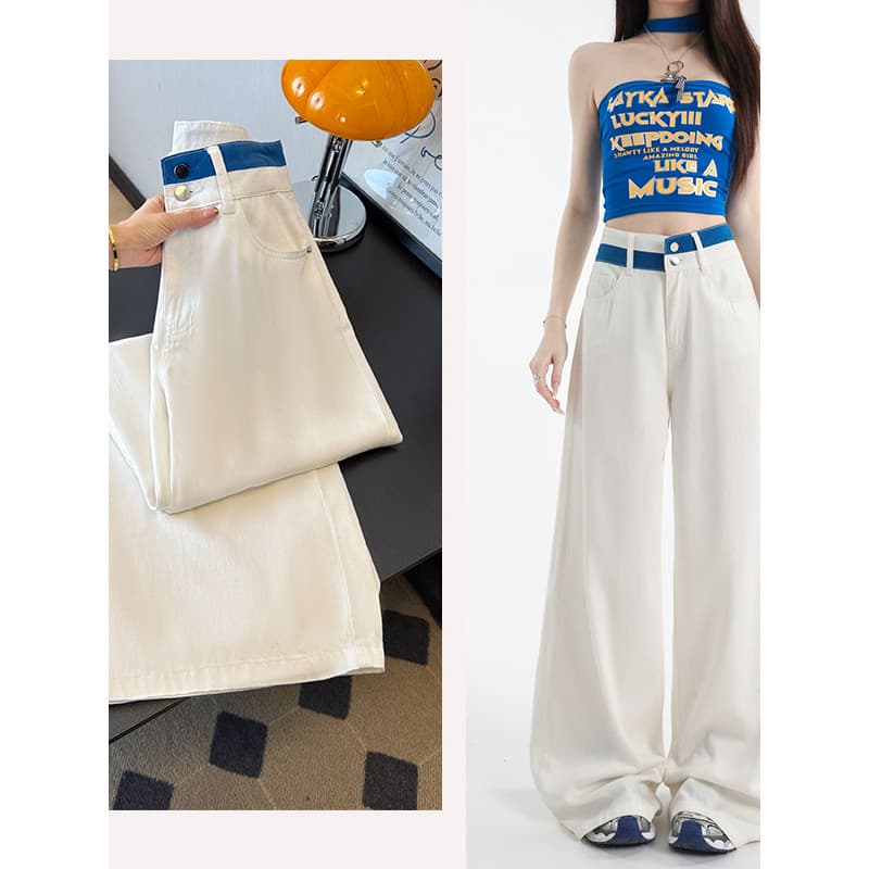 Branco Lyocell Tencel Jeans de perna larga feminino verão estilo fino único contraste cor cintura Drape mais magro olhar