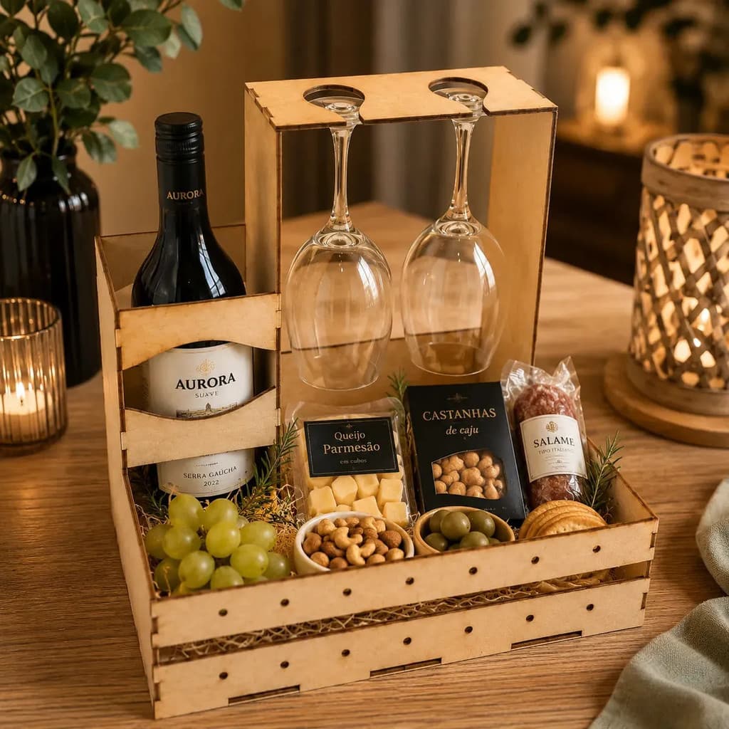 Bandeja Para Vinho E Taça Suporte -  Caixa Cesta De Presente