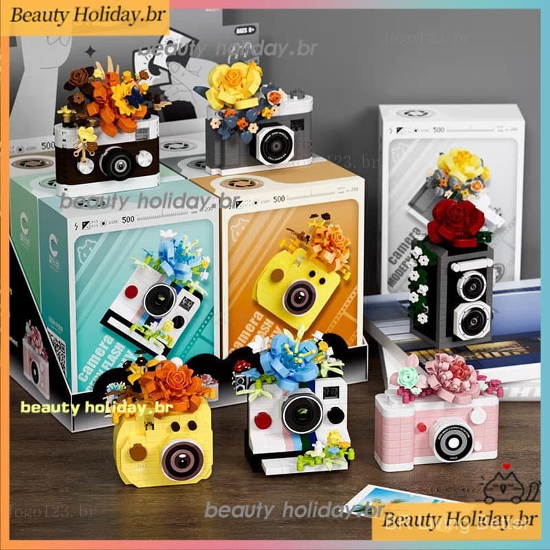 Blocos de Montar de Câmera com Flores, Brinquedo de Montar, Peças, Para Meninos e Meninas, Presentes de Aniversário Q1H2