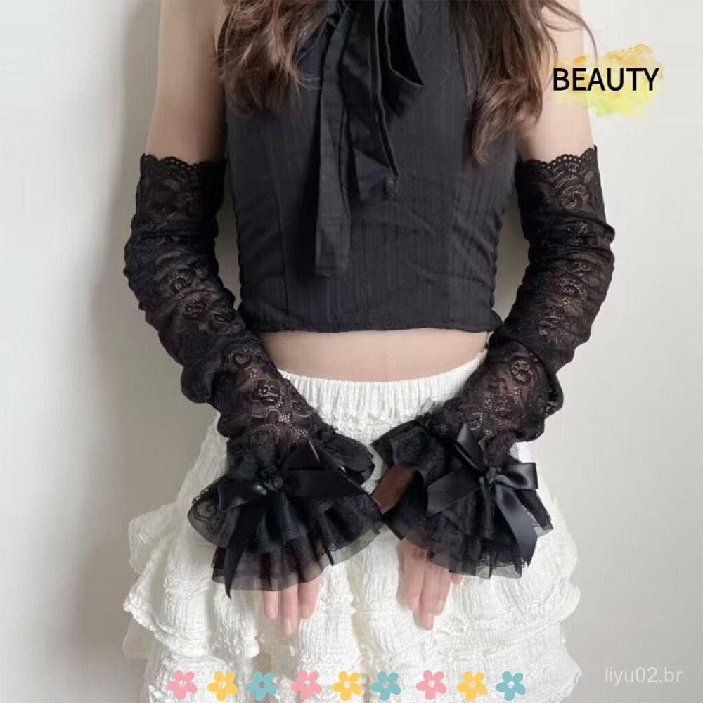 BEAUTYHOMEBR Luvas Sem Dedos , De Laço De Renda Estilo Fairycore Y2K , Mangas De Braço De Malha Transparente Com Proteçã