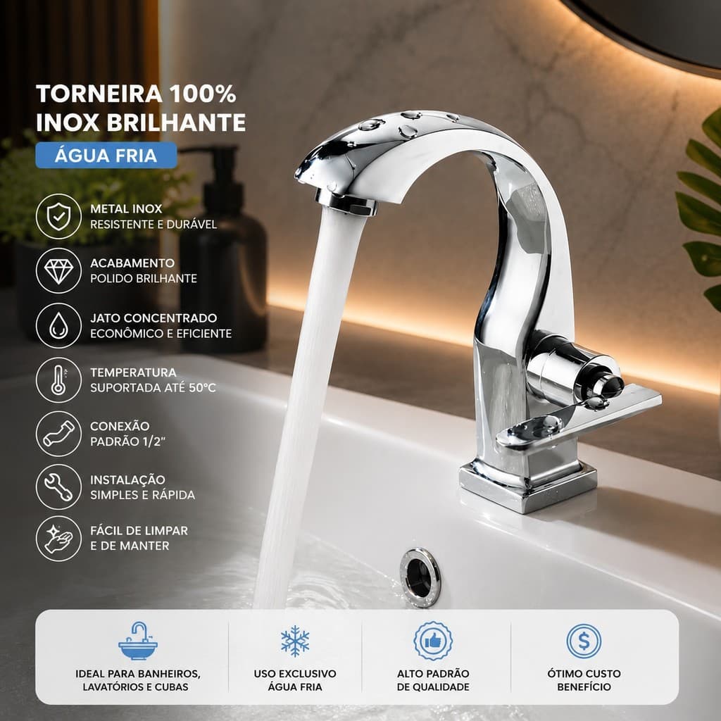 Torneira Banheiro 100% Metal Brilhante Para Cuba Banheiro Lavatório Água Fria