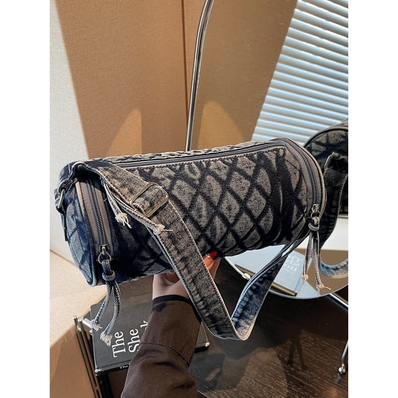 Bolsa balde feminina novo estilo All-Match Cross-corpo Denim cilíndrico diamante pano saco High-End sentimento gigante-l