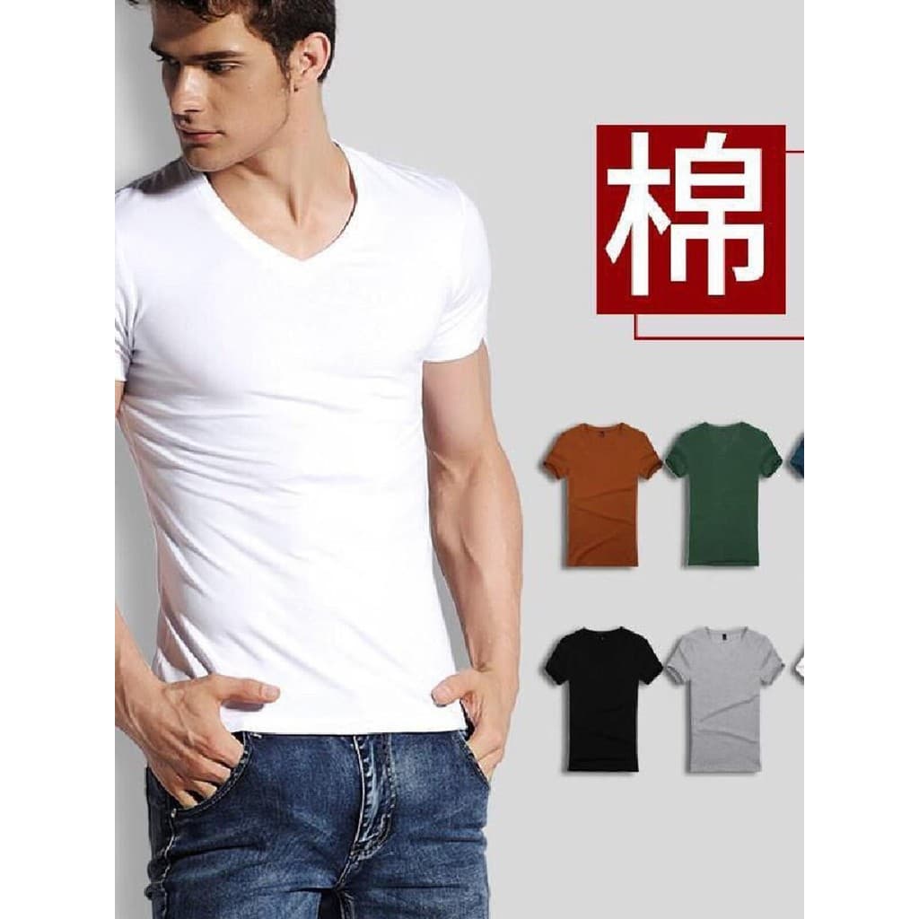 Algodão cor sólida camiseta de manga curta masculina com decote em v 2025 camiseta moletom apertado verão coração colari