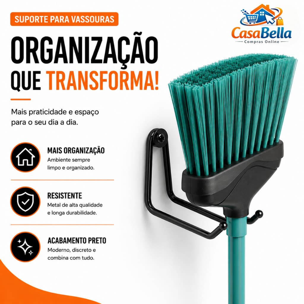 Porta Vassoura Organizador de Parede Preto para Rodo, Pá, Vassoura e Utensílios