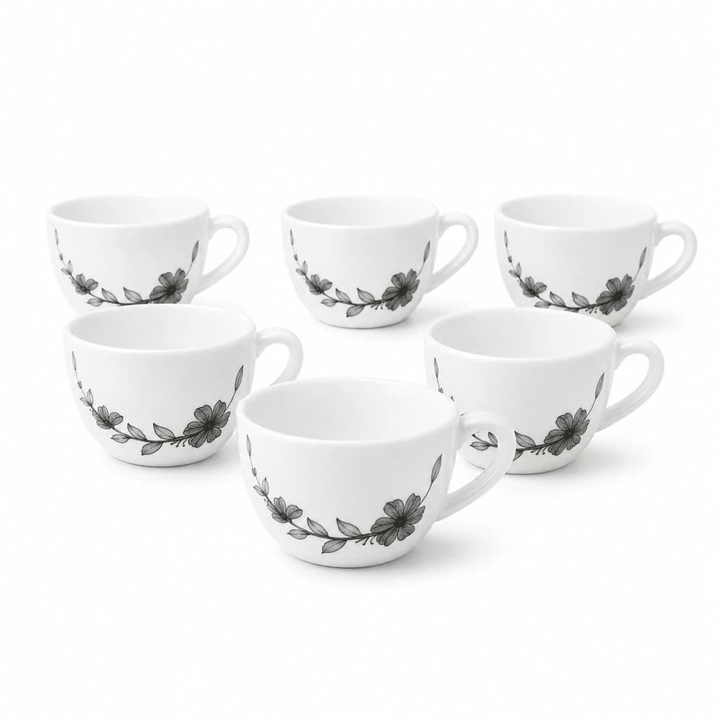 Conjunto 6 Xícaras Florid Vine 130ml Brancas de Vidro Para Café Chá Cappuccino Mesa Posta
