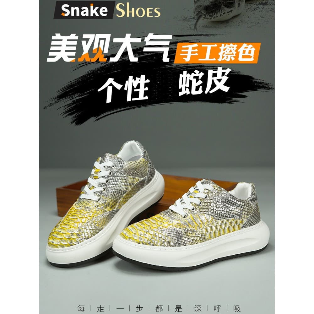 Sapatos masculinos de pele de cobra genuína moda All-Match couro genuíno tênis casuais polido à mão ouro prata tênis de