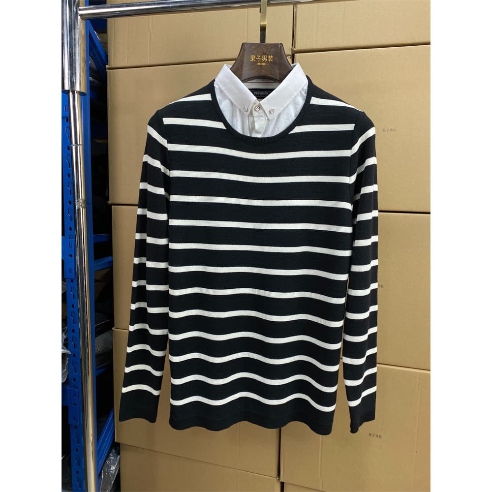 Um pouco defeito-falso duas peças de malha em torno do pescoço magro-ajuste estiramento negócios listrado camisa primave