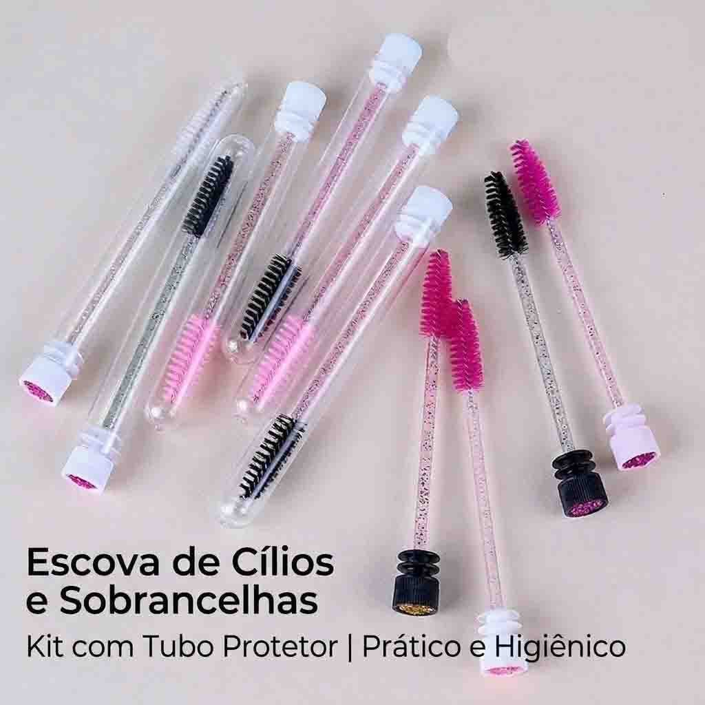 Kit 12 Escovas de Cílios com Tubo Protetor Cabo Glitter Reutilizável p/ Extensão e Sobrancelha