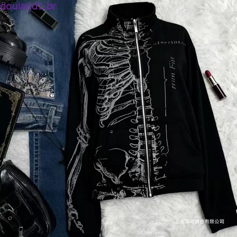 X-ORANGE y2k cultura asiática rua vintage preto crânio gola jaqueta outono inverno novo estilo roupas femininas casuais